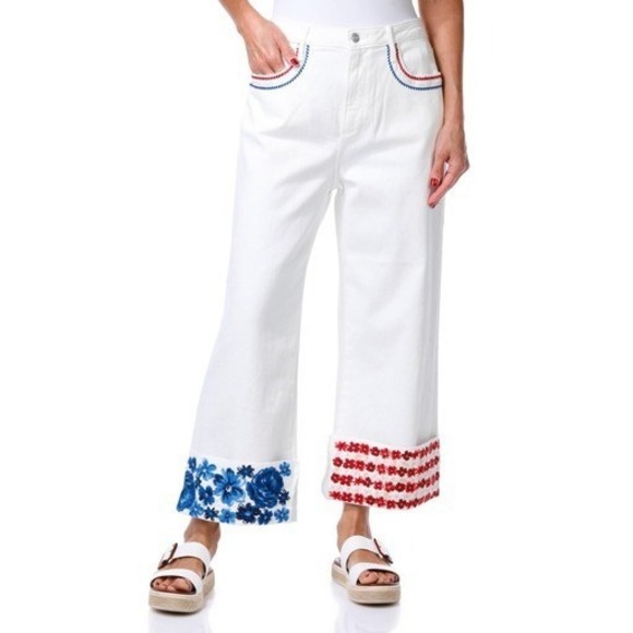 DRIFTWOOD Denim - Driftwood Embroidered Floral Jeans Womens 25 White Crop Denim Red Blue Boho NWT